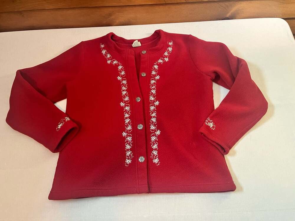 L.L.Bean Fleece Cardigan Red Embroidered Floral Metal Buttons Large